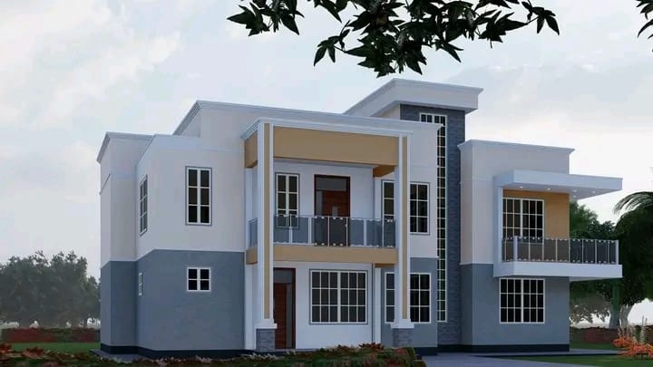 3D architectural render of a two-storey house with yellow and grey exterior finishes