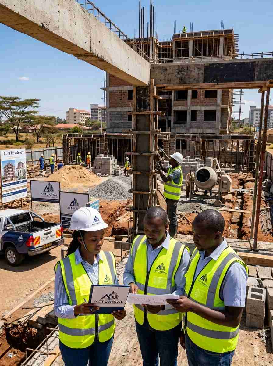 Actuarial Construction Company engineers reviewing plans at the Aura Residency construction site in Eldoret