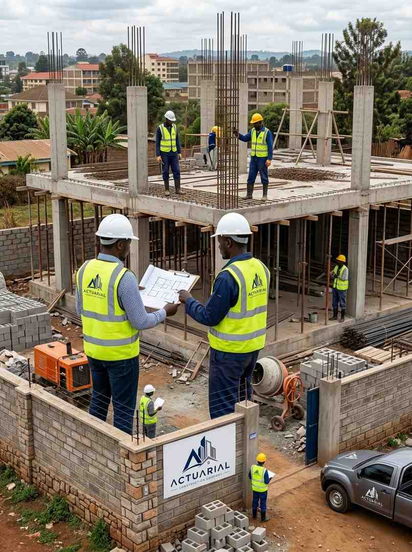 Engineers reviewing blueprints beside rebar columns at a modern house construction site in Kenya
