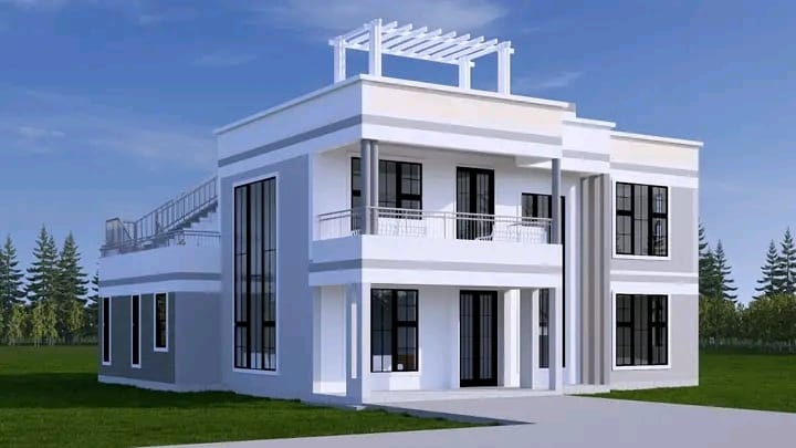 3D architectural render of a house with a rooftop pergola and outdoor living space