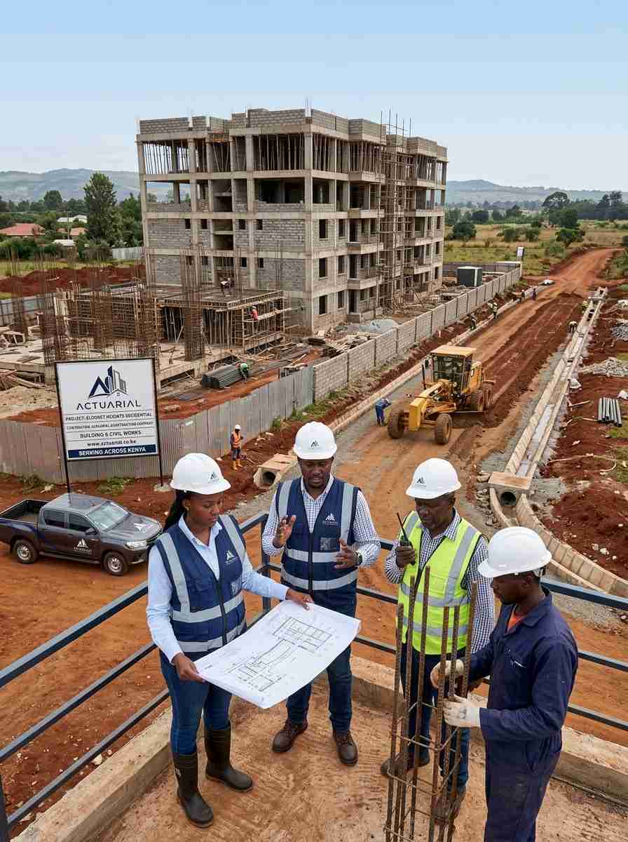 Elevated view of construction team discussing plans at Eldoret Heights Residential site with road and drainage works