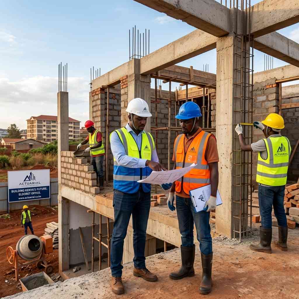 Close-up of bricklaying work with engineers reviewing plans at an Eldoret office construction site