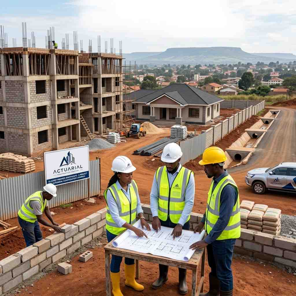 Actuarial Construction Company engineers reviewing blueprints on a plateau landscape site in Kenya