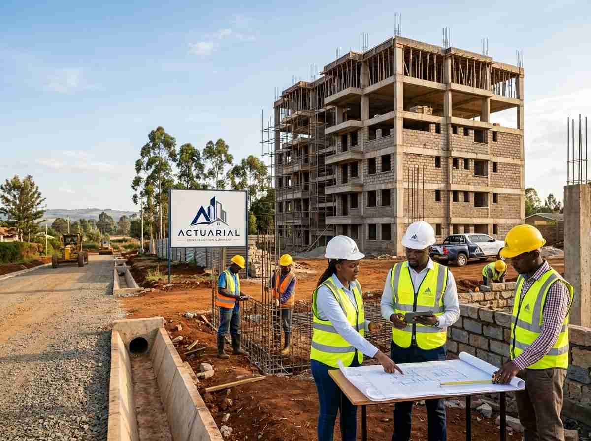 Construction team reviewing blueprints at a tall commercial building construction site in Kenya