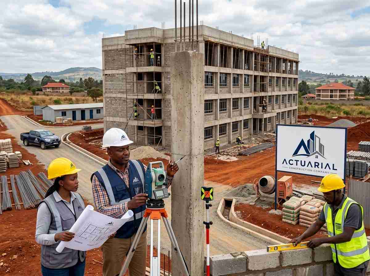 Land surveying with a total station tripod at a multi-story construction site with scaffolding in Kenya